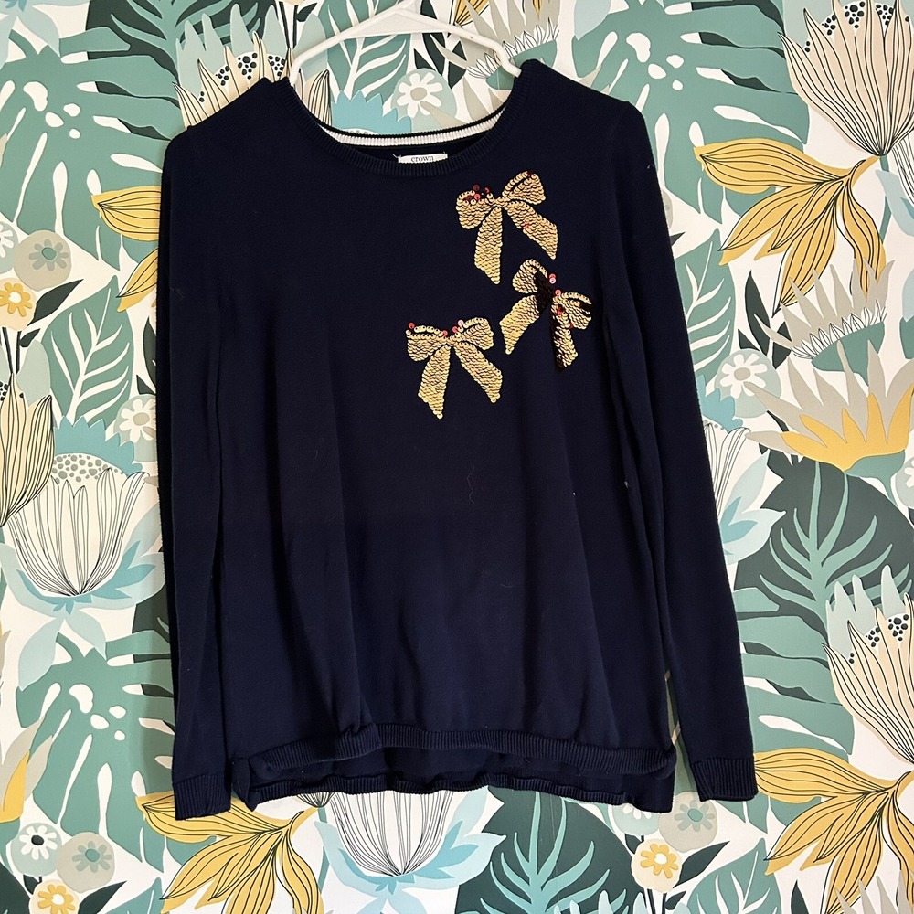 Crown Ivy Girls XL 100% Cotton Sequin Bow Navy Blue Sweater Holiday Sweater
